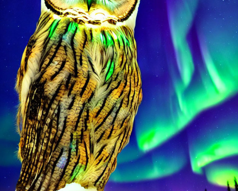 Colorful owl on snow under Northern Lights & starry sky