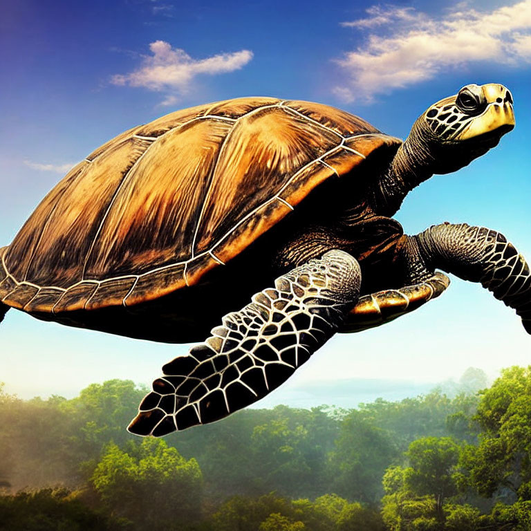 Sea turtle superimposed in mid-air over forest landscape and blue sky