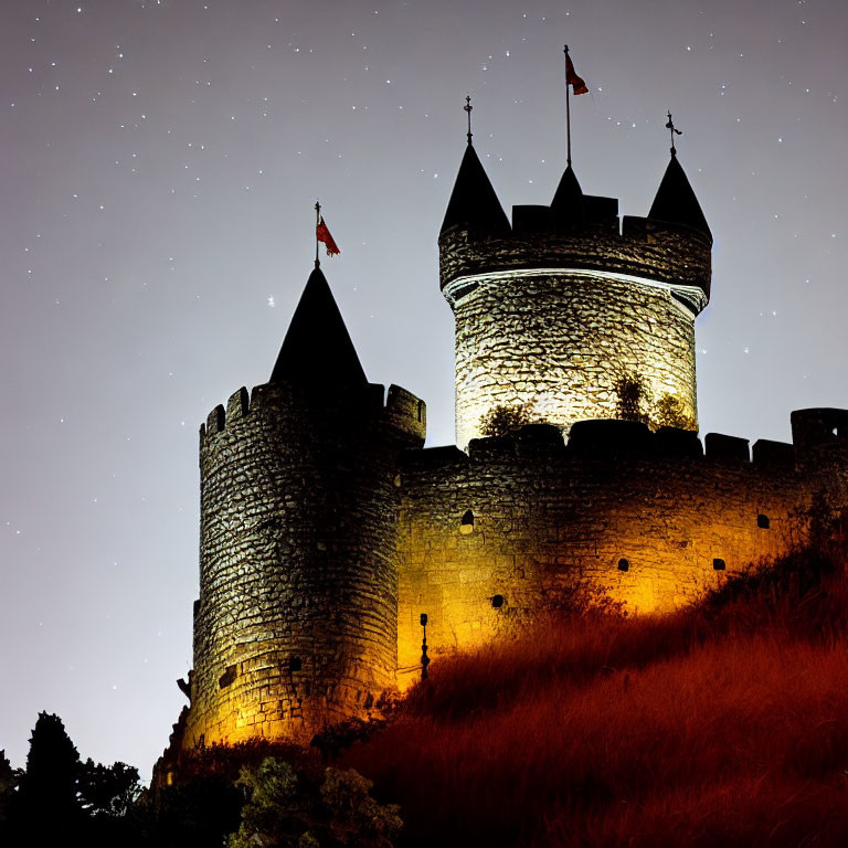 Medieval castle at night with illuminated towers and starry sky