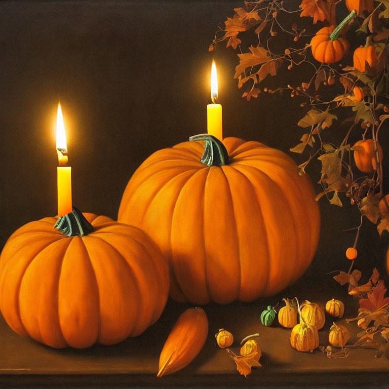 Autumn-themed still life with candles, pumpkins, and fall leaves