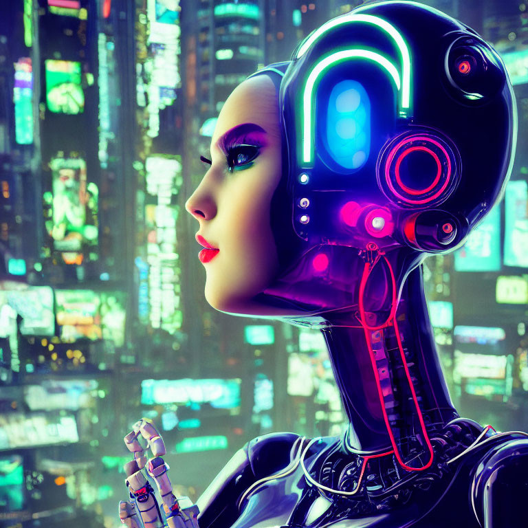 Detailed Female Robot with Neon Circuits and Futuristic City Background
