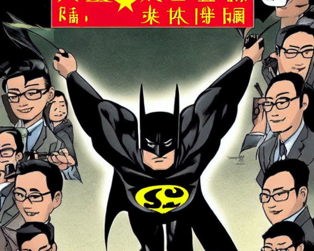 Comic Book Cover: Batman with Bat Symbol Surrounded by Animated Figures on Red and Black Background