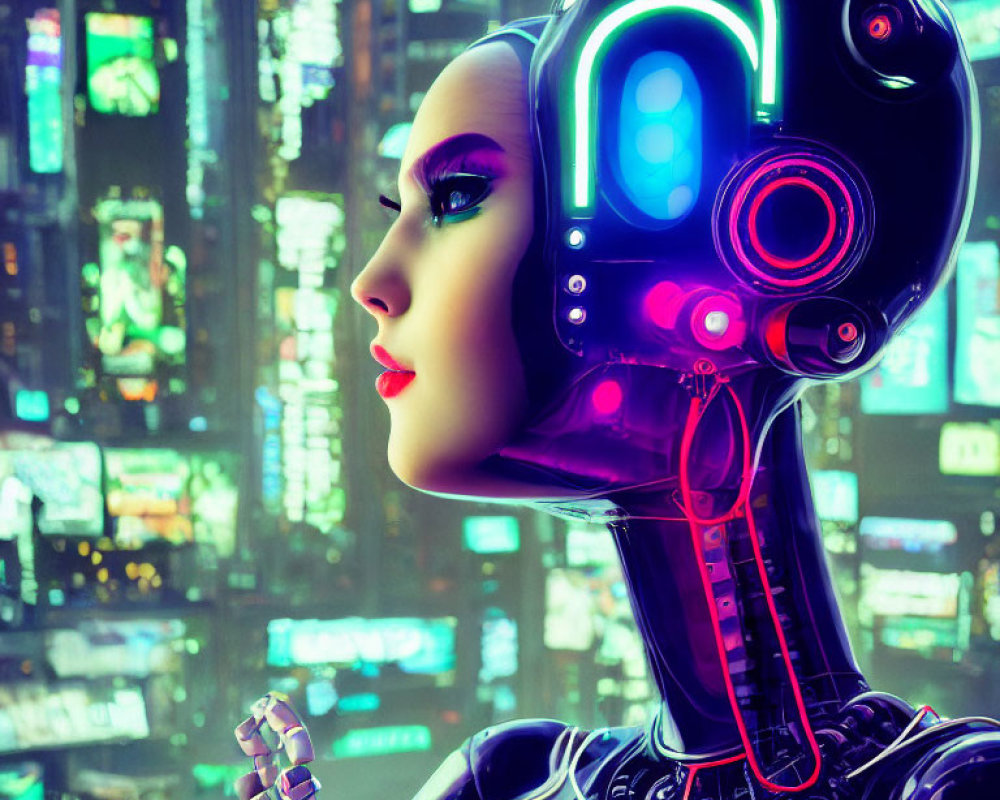 Detailed Female Robot with Neon Circuits and Futuristic City Background