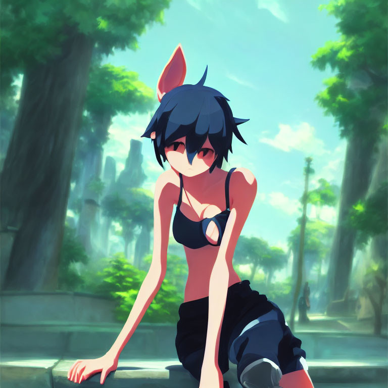 Blue-haired bunny-eared character in black outfit in forested park with sunlight.