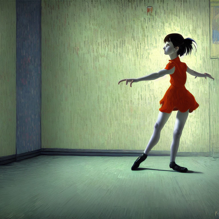 Girl in orange dress dancing in dimly lit room with greenish walls