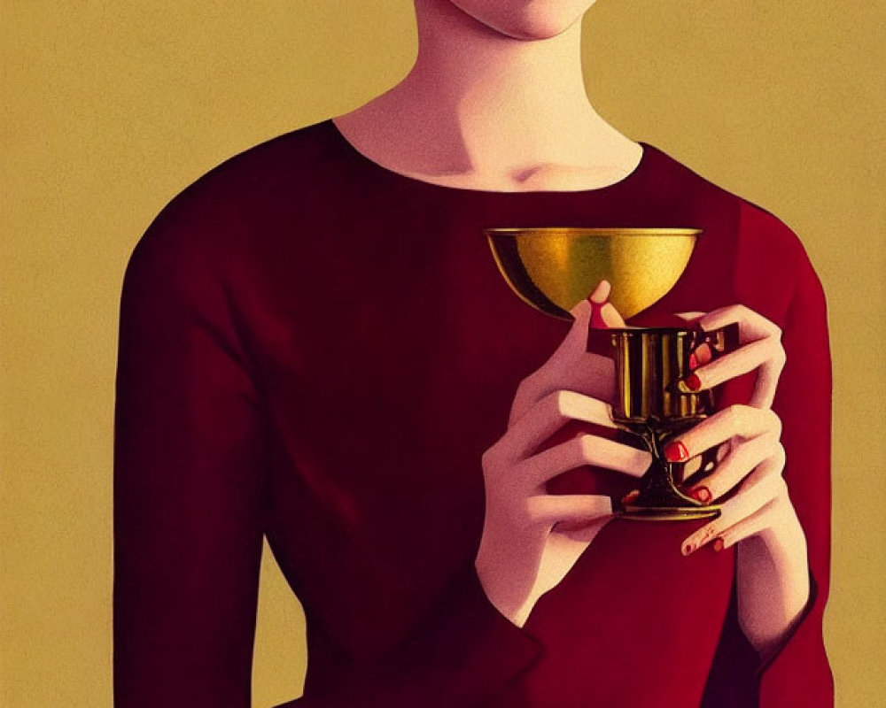 Illustrated Woman with Red Bob Haircut Holding Golden Chalice in Red Dress
