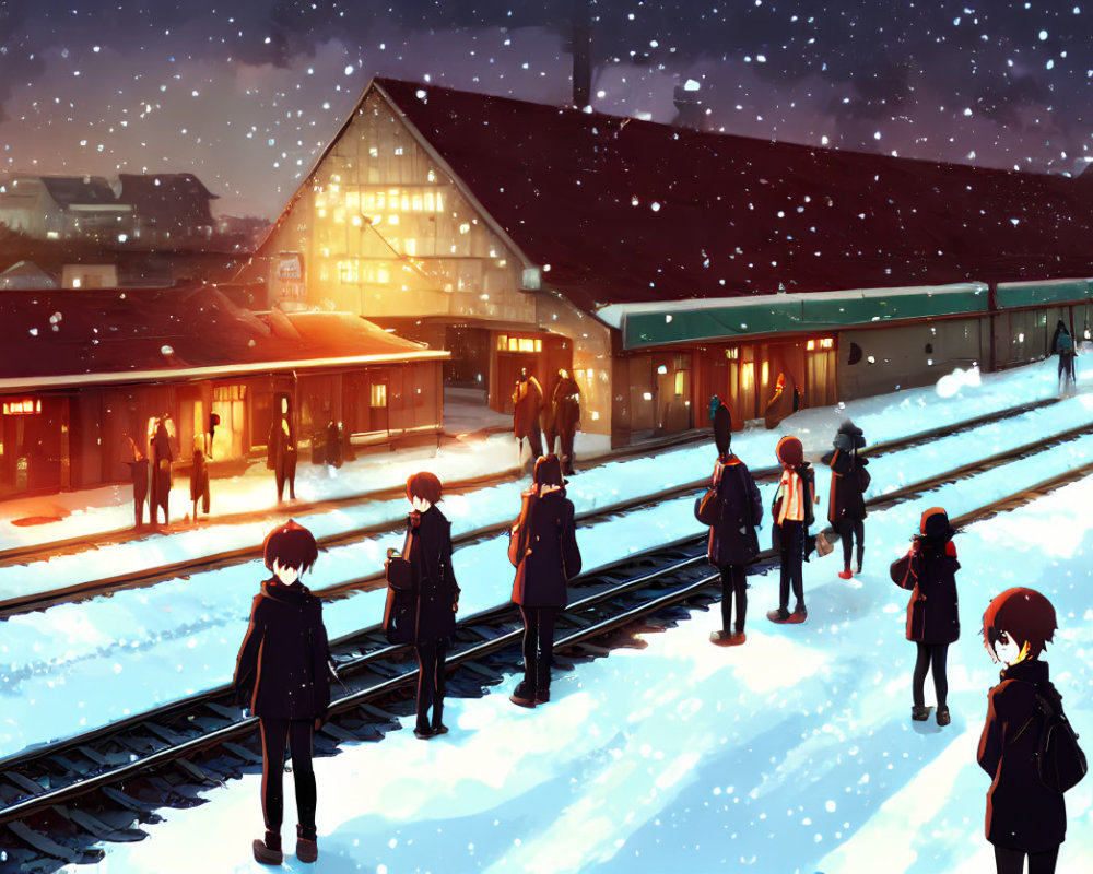 Snowy train platform at dusk with people waiting and falling snowflakes.