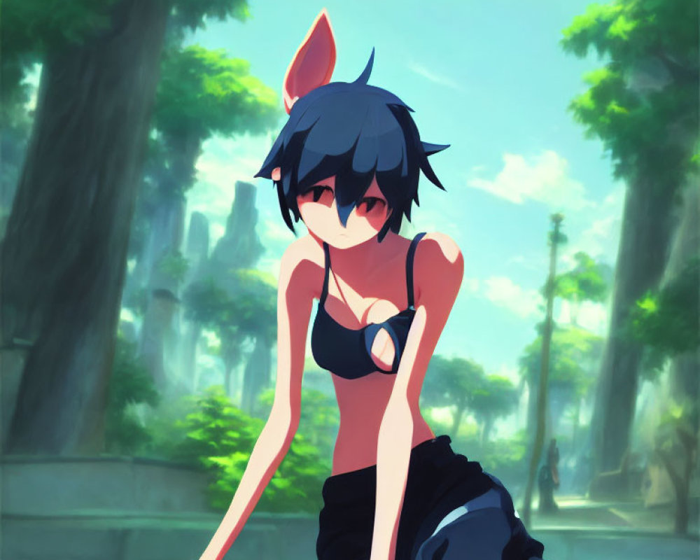 Blue-haired bunny-eared character in black outfit in forested park with sunlight.