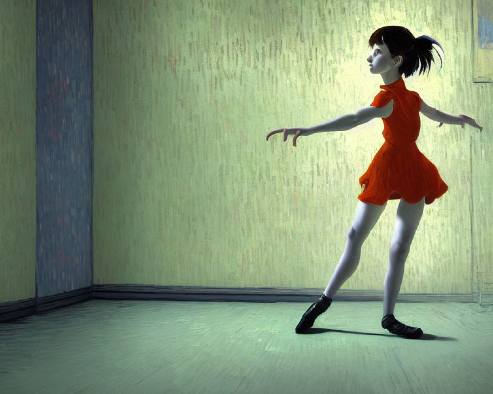 Girl in orange dress dancing in dimly lit room with greenish walls
