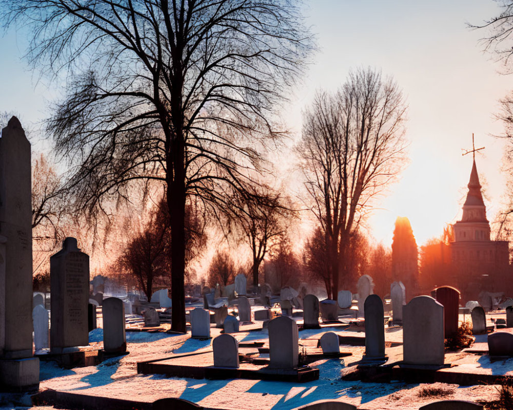 Sunset scene in cemetery: tombstones, bare tree, church spire.