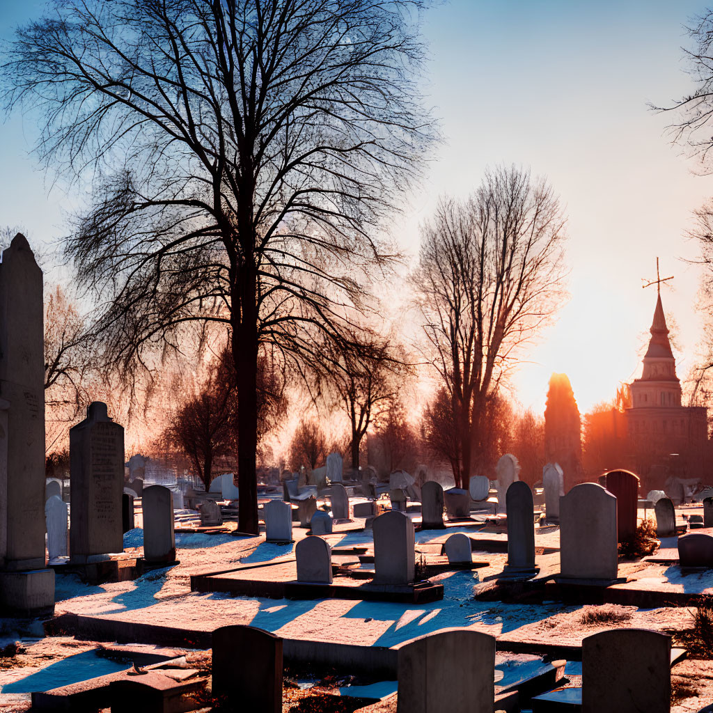 Sunset scene in cemetery: tombstones, bare tree, church spire.