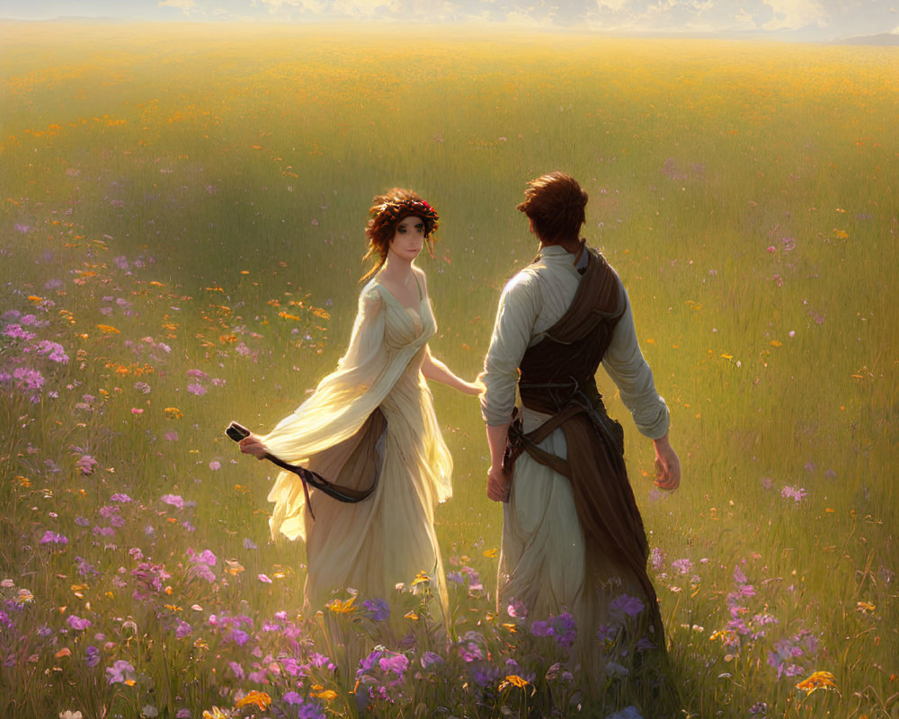Historical couple strolling in vibrant meadow with yellow wildflowers