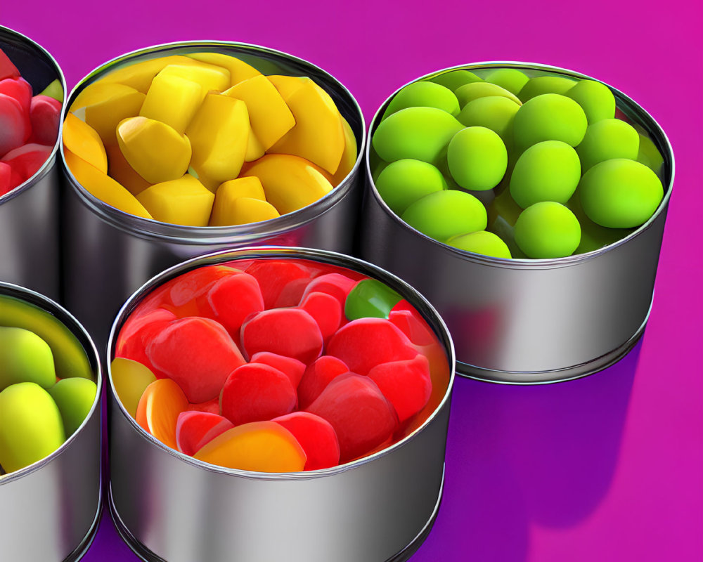 Colorful Candies in Open Tin Cans on Pink Background