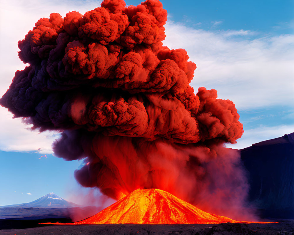 Majestic volcanic eruption with glowing lava and ash plume