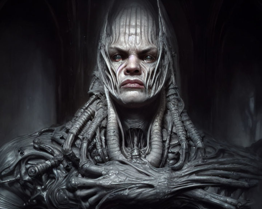 Detailed artwork of somber humanoid in intricate alien-like armor with crown-like head structure in dark, Gothic