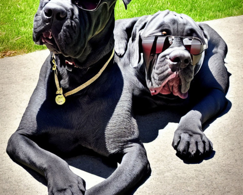Neapolitan Mastiffs with sunglasses and gold chain on concrete surface