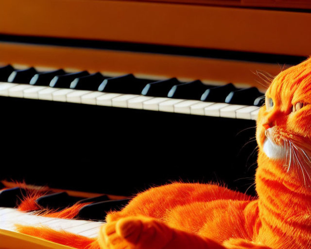 Orange Cat Resting on Piano Keys in Sunlight
