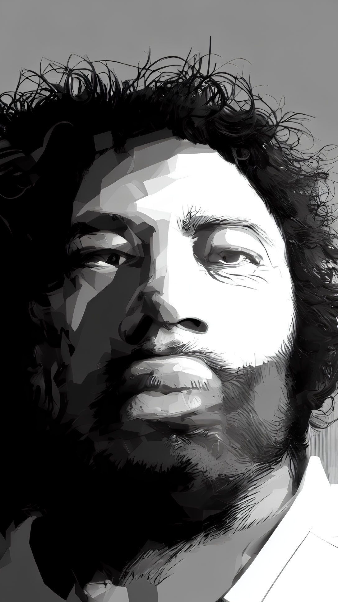 Monochromatic digital portrait of a man with curly hair and beard in high-contrast style