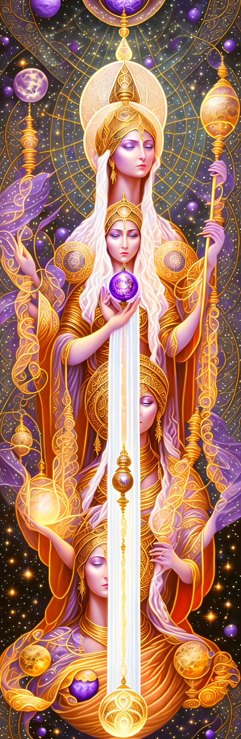 Golden-clad multi-armed figure with spheres and staff on cosmic purple backdrop