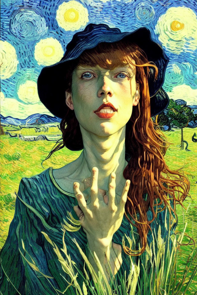 Red-haired woman in blue hat, Van Gogh-style painting with swirling stars.