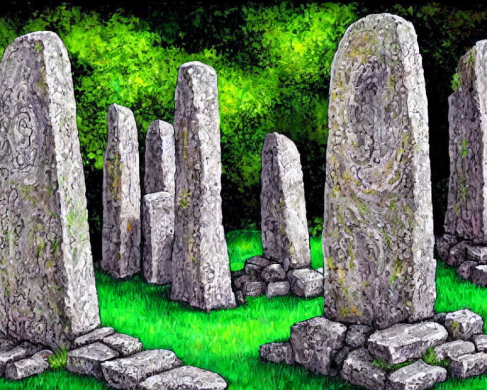 Stone circle with intricate carvings in lush greenery