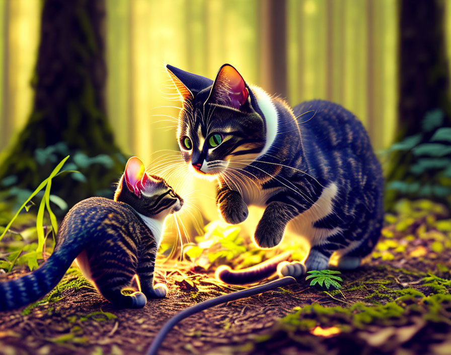 Two Cats Communicating in Forest Scene