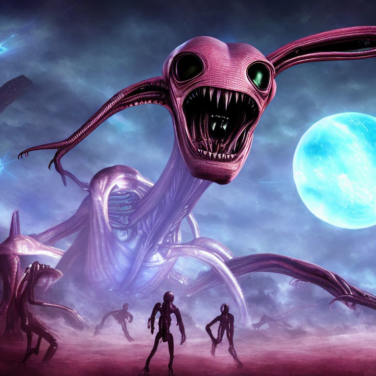 Sci-fi scene featuring alien creatures, tentacles, humanoid figures, purple sky, large moon