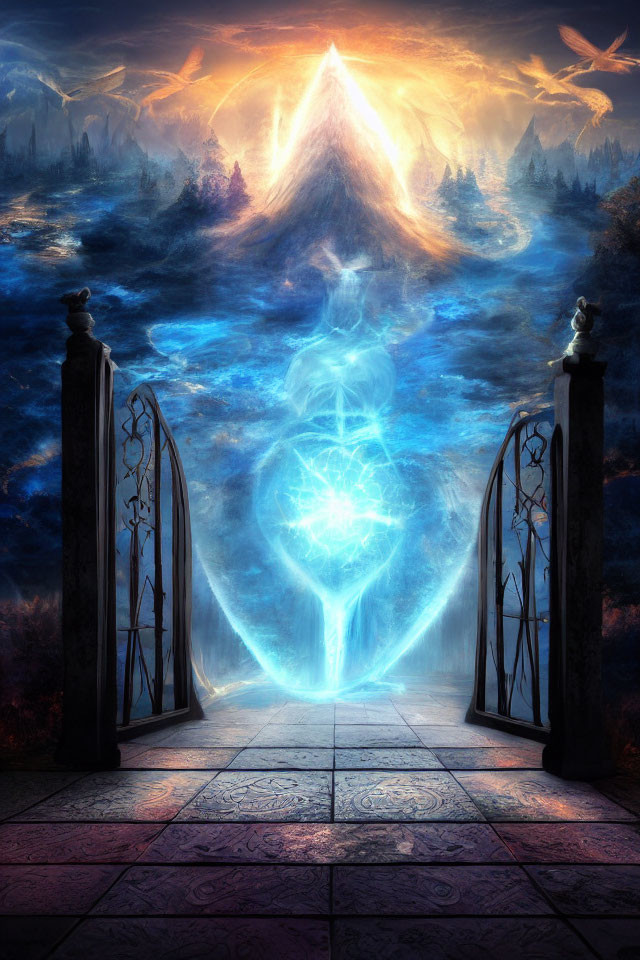 Fantastical ethereal scene: glowing portal, stone pillars, mystical landscape