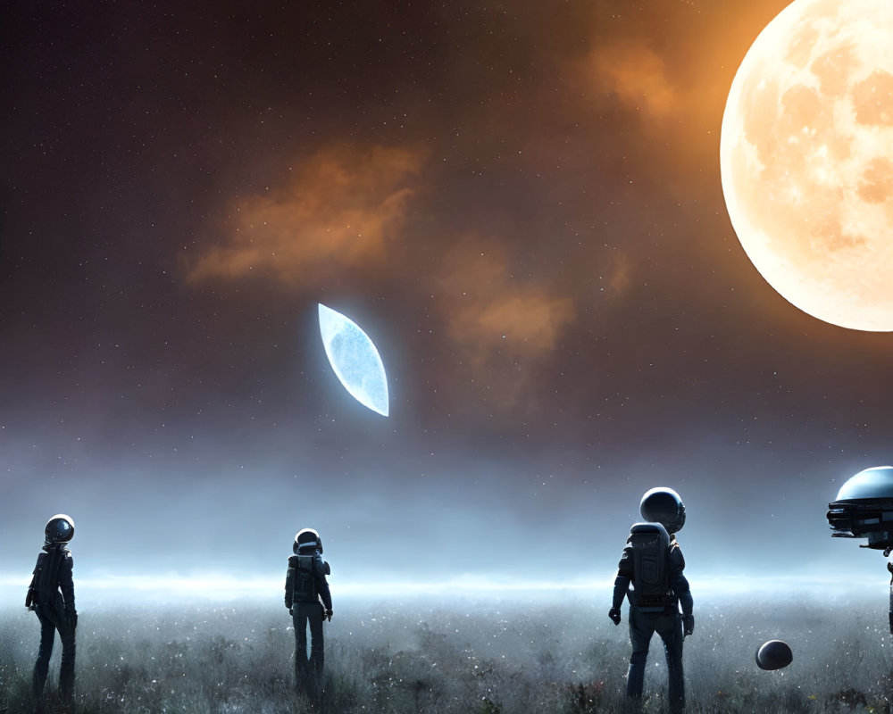 Three astronauts in surreal landscape with large moon and floating rock formation.