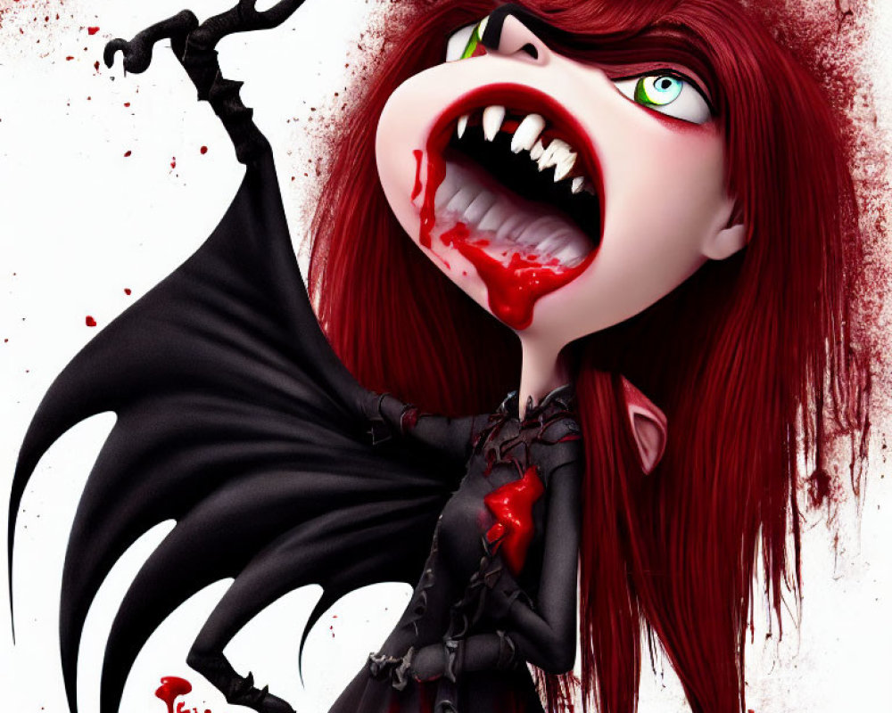 Animated vampire girl with green eyes, fangs, and bat wings in blood-splattered scene