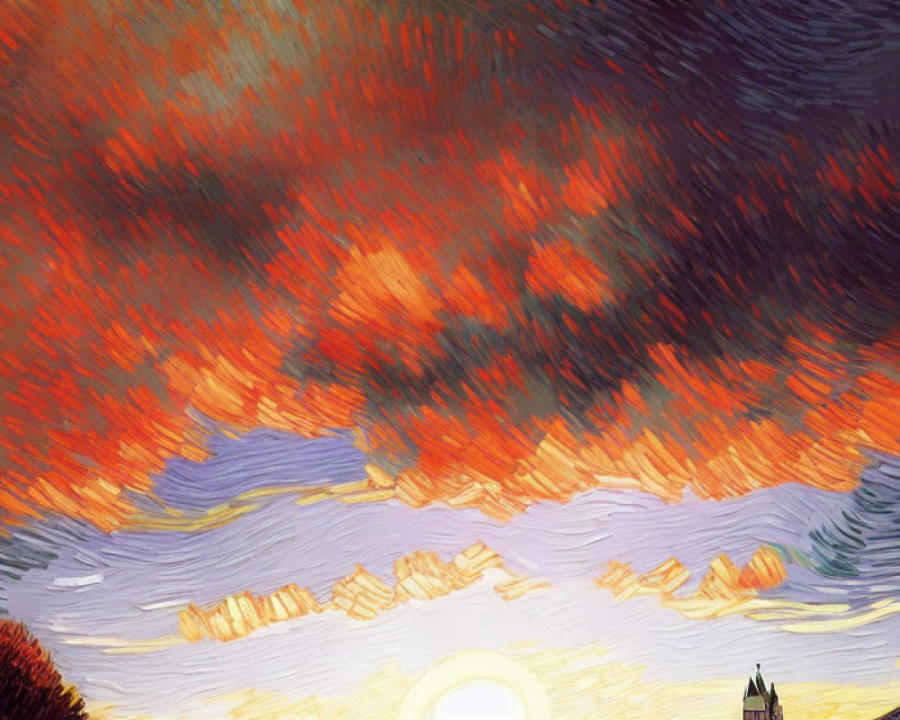 Vibrant digital painting: swirling orange and yellow skies with bright sun and small building silhouette