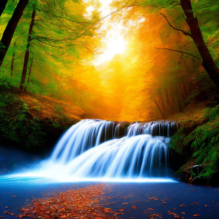 Serene waterfall with autumn leaves and radiant sun in lush forest