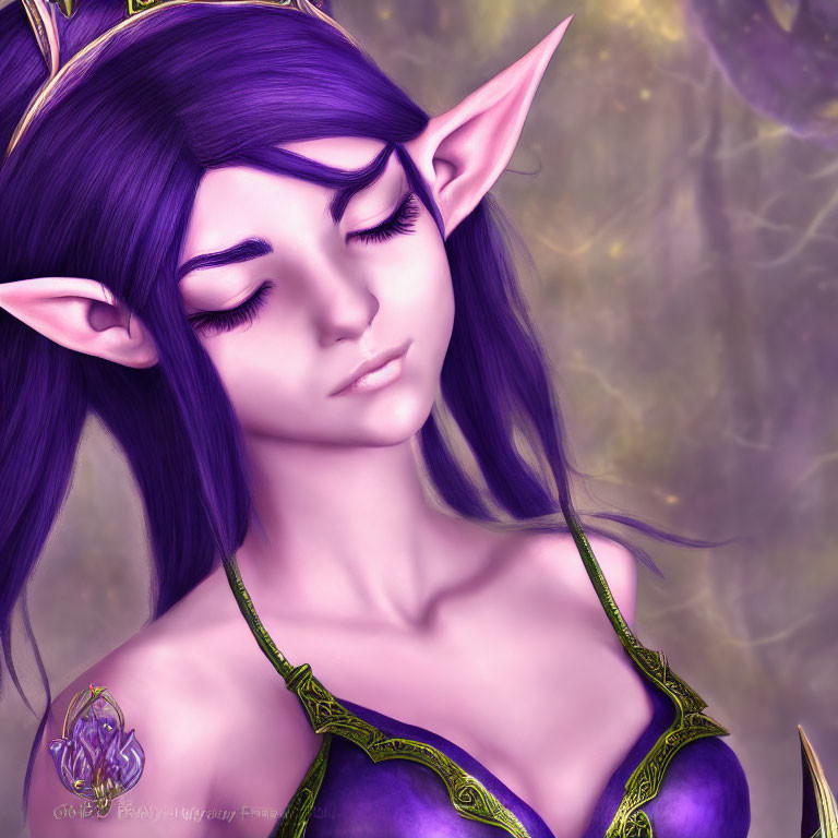 Serene fantasy character with purple hair and cosmic background