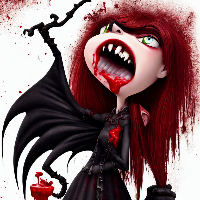 Animated vampire girl with green eyes, fangs, and bat wings in blood-splattered scene
