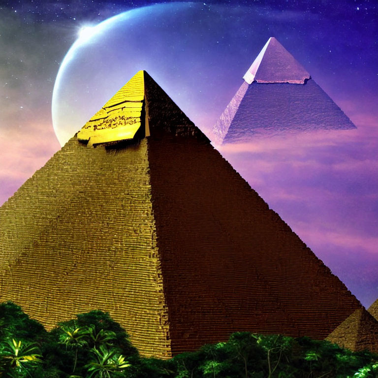 Surreal night scene with Egyptian pyramids under moonlit sky