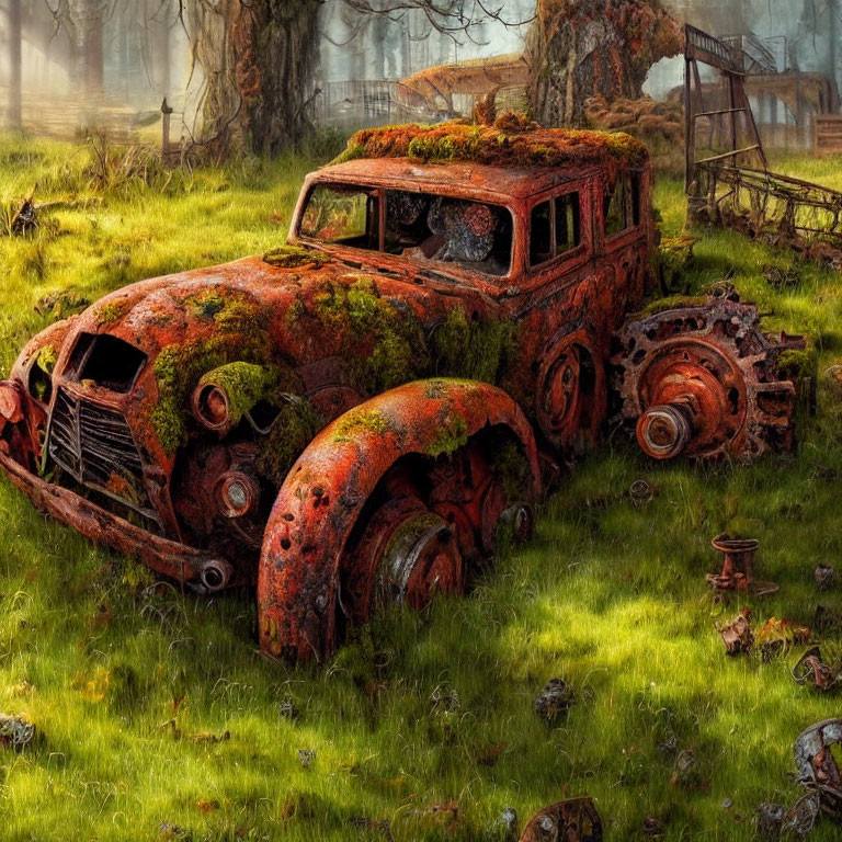 Rusted truck overtaken by moss in abandoned forest landscape