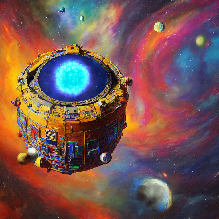 Colorful Nebula Surrounds Futuristic Space Station