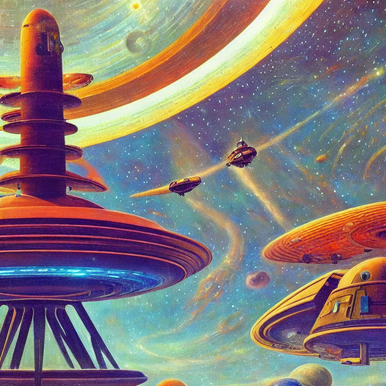 Futuristic sci-fi illustration: space stations, ships, planet with rings.