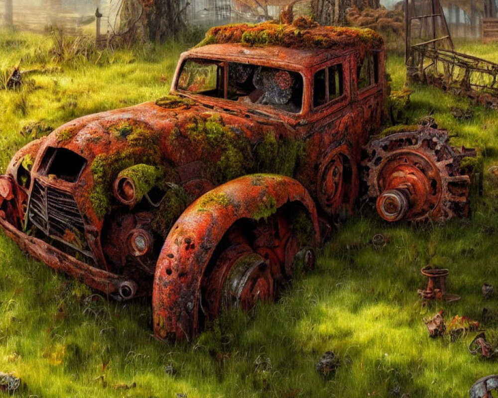 Rusted truck overtaken by moss in abandoned forest landscape