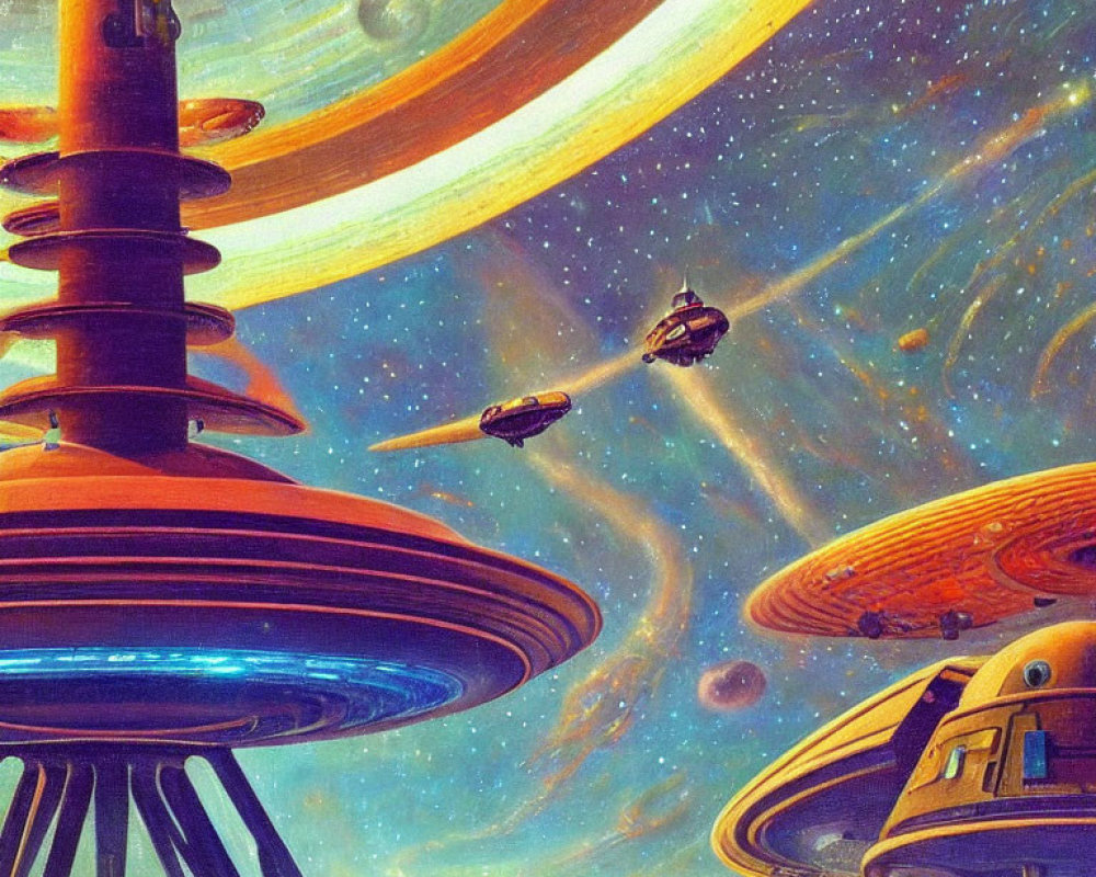 Futuristic sci-fi illustration: space stations, ships, planet with rings.