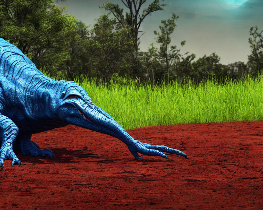Giant blue dinosaur on red soil under night sky with blue planet