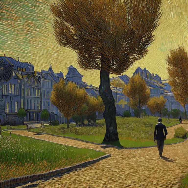 Vibrant Van Gogh-inspired painting of person walking among swirling sky and trees