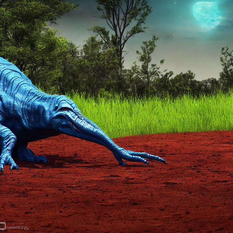 Giant blue dinosaur on red soil under night sky with blue planet