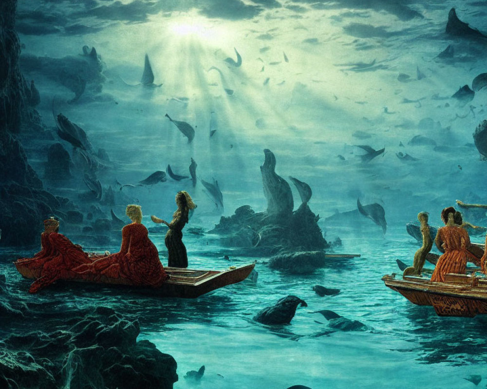 Underwater scene with boat, sea creatures, and sunbeams