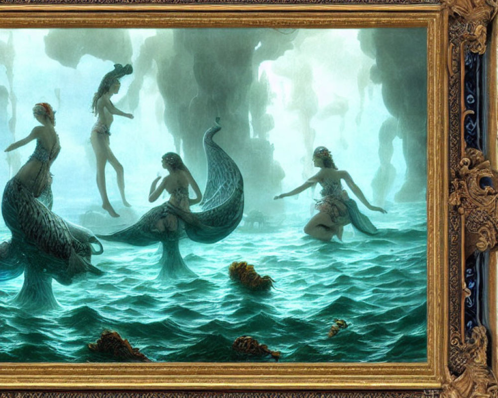 Mermaid-themed painting in ornate frame with tranquil underwater scenes