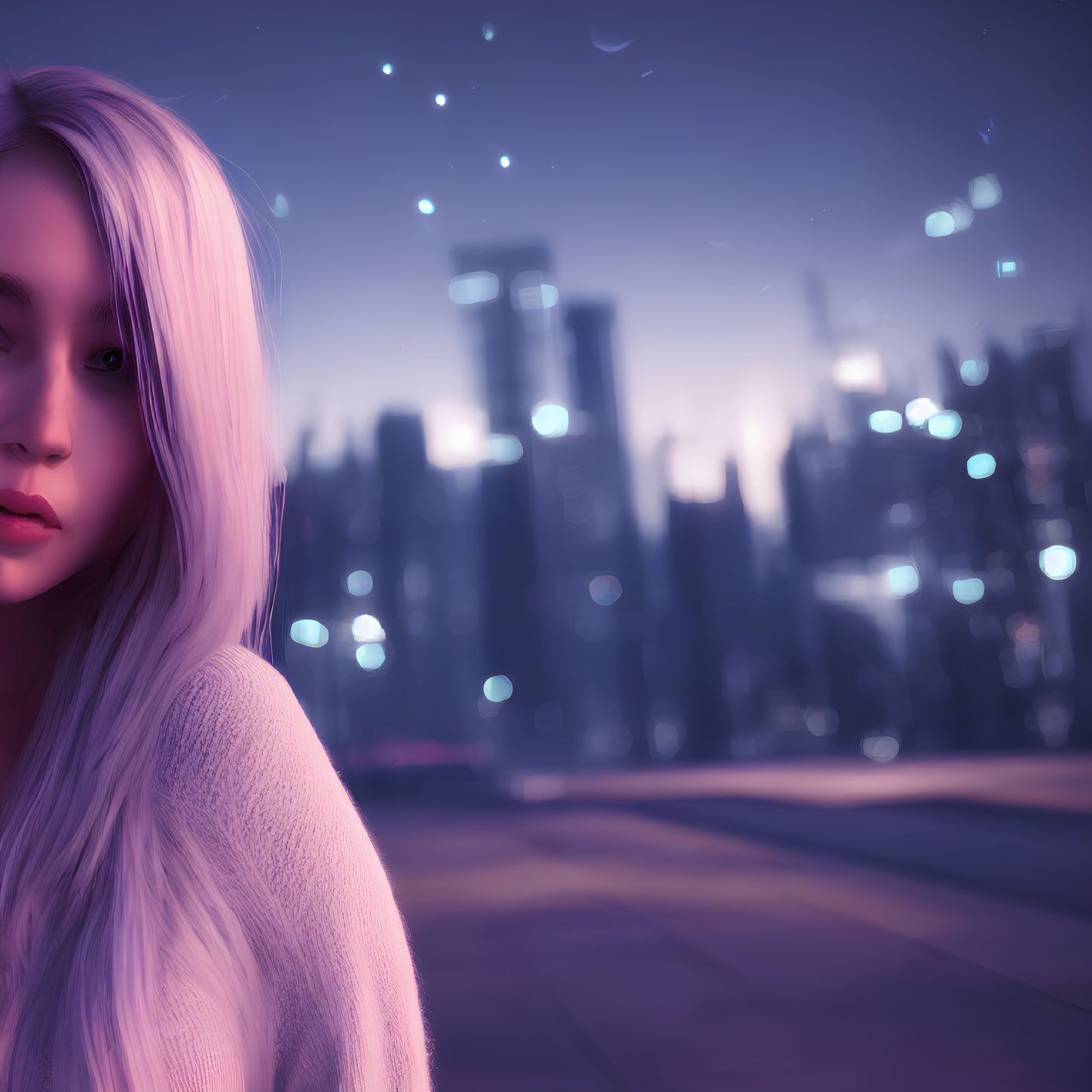 Blonde woman in focus against urban nightscape with blue lights