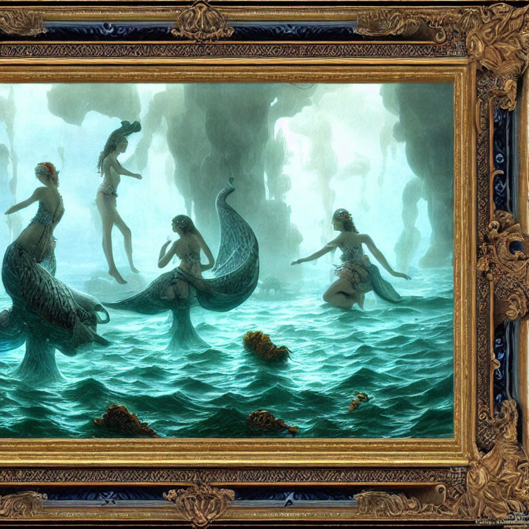 Mermaid-themed painting in ornate frame with tranquil underwater scenes
