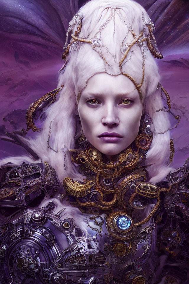 Pale Woman with Purple Eyes, White Hair, and Mechanical Parts