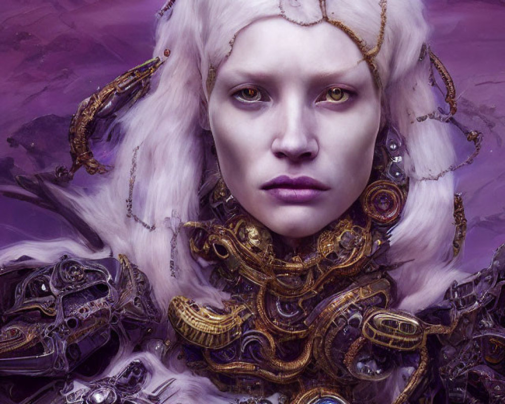 Pale Woman with Purple Eyes, White Hair, and Mechanical Parts