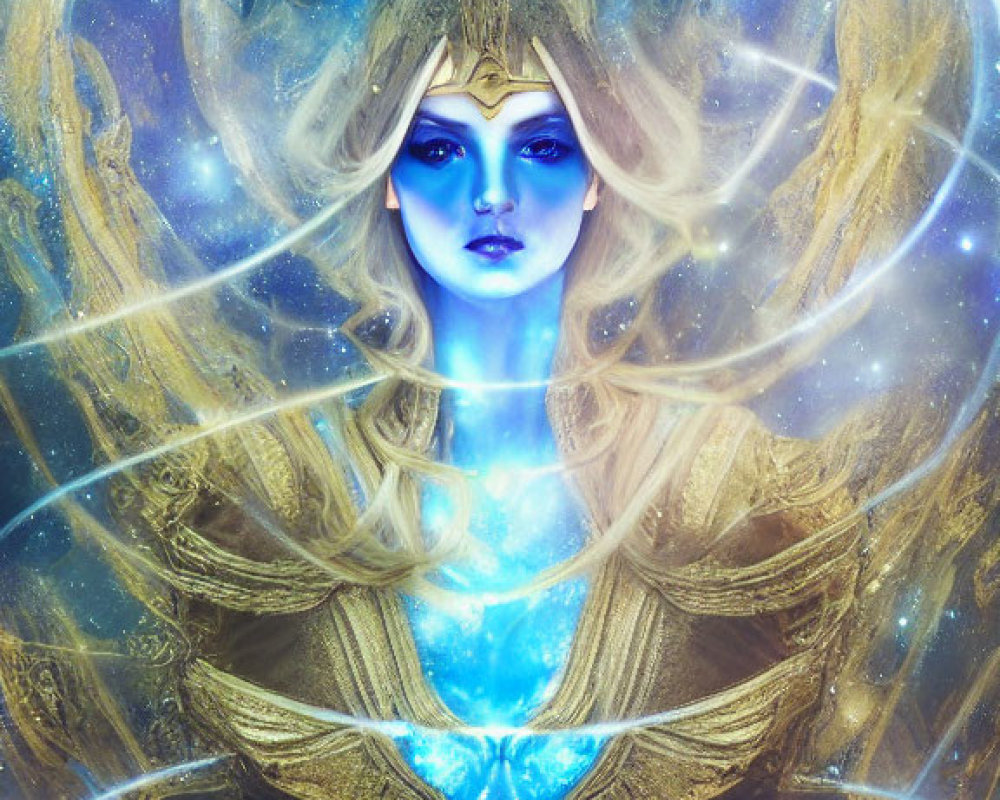 Blue-skinned woman in cosmic setting with golden headdress and armor